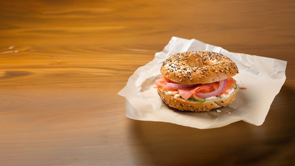 Close-up of Lox Bagel with onions on paper sheet.  