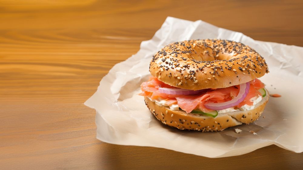 Close-up of Lox Bagel with onions on paper sheet.  