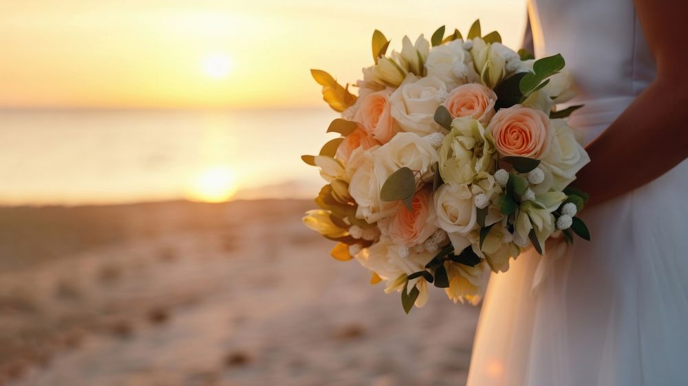 Closeup groom and bride have bouquet at the sunset beach, focus on bouquet. AI generated Image by rawpixel. 