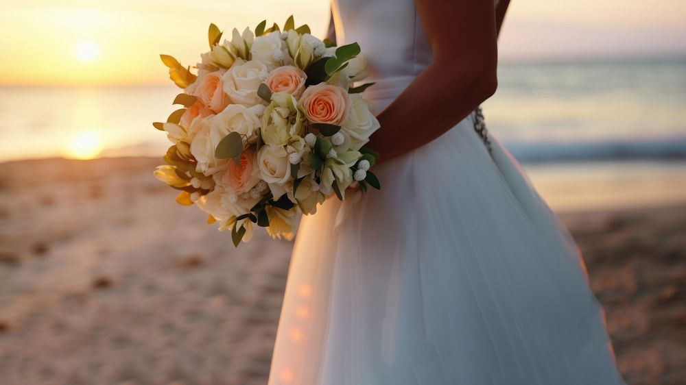 Closeup groom and bride have bouquet at the sunset beach, focus on bouquet. AI generated Image by rawpixel. 