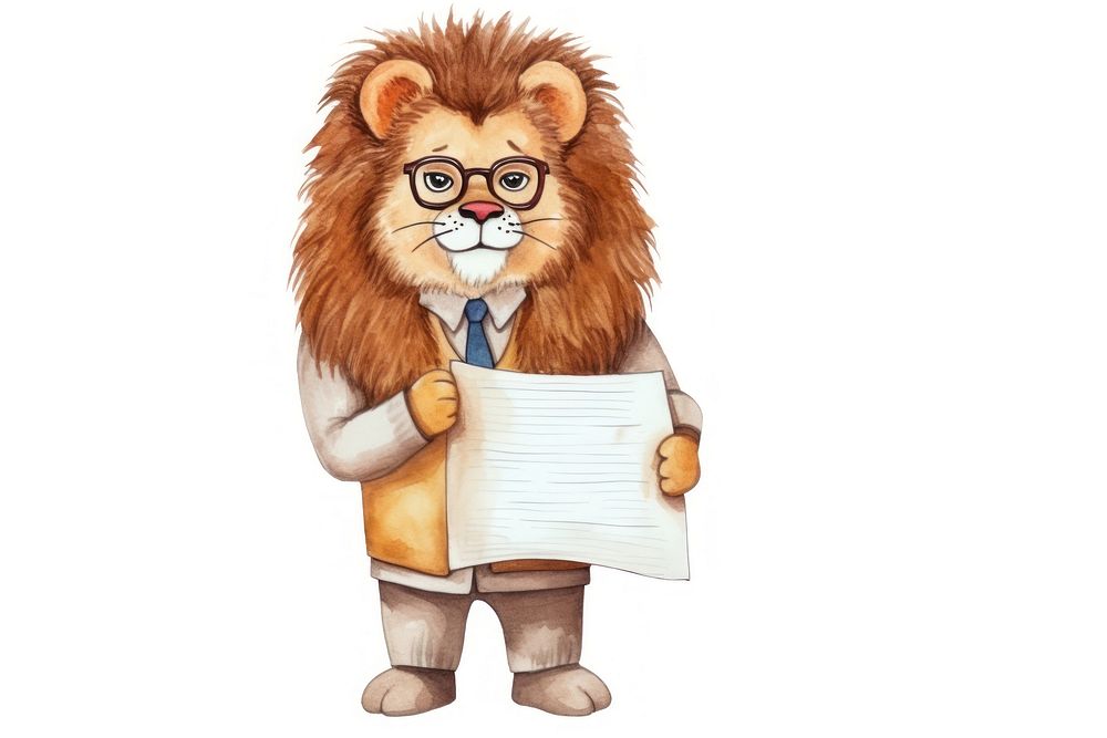 A lion teacher holding a clipboard cartoon mammal white background. AI generated Image by rawpixel.