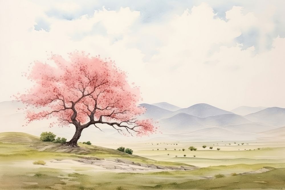 Landscape outdoors blossom drawing. AI generated Image by rawpixel.