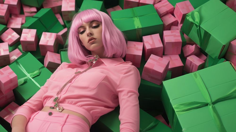 a woman lying on top of boxes of beeps in green, in the style of candycore, pink, berrypunk.  