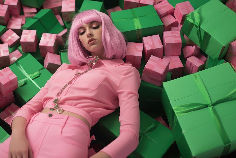 a woman lying on top of boxes of beeps in green, in the style of candycore, pink, berrypunk.  