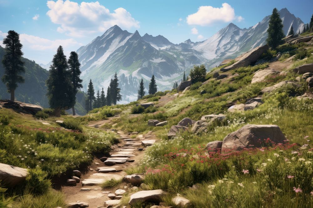 Summer mountain trail wilderness vegetation landscape. AI generated Image by rawpixel.