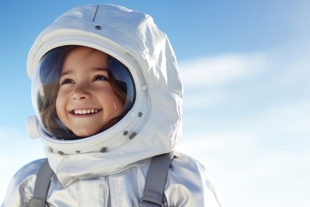 a photo of smiling girl child dressed as astronaut.  