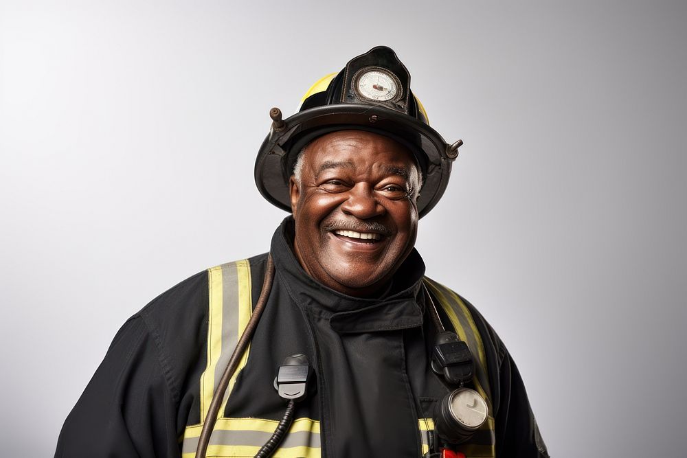 Black Senior firefighter smiling helmet adult. AI generated Image by rawpixel.