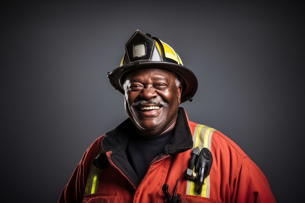 Black Senior firefighter smiling hardhat helmet. 