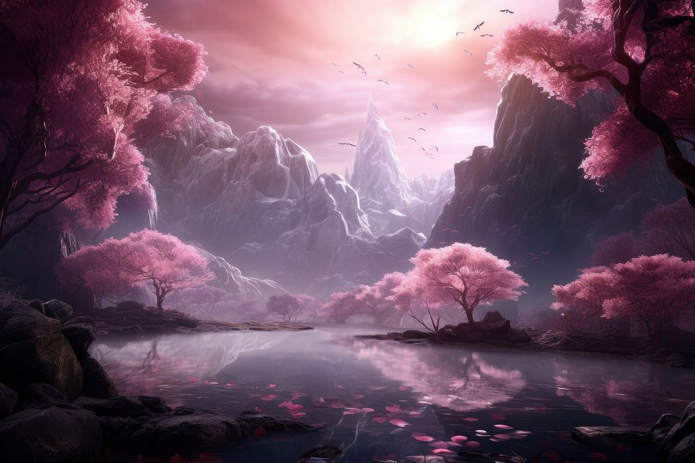 Pink mountains landscape reflection outdoors. AI generated Image by rawpixel.