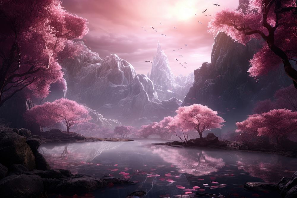 Pink mountains landscape reflection outdoors. 