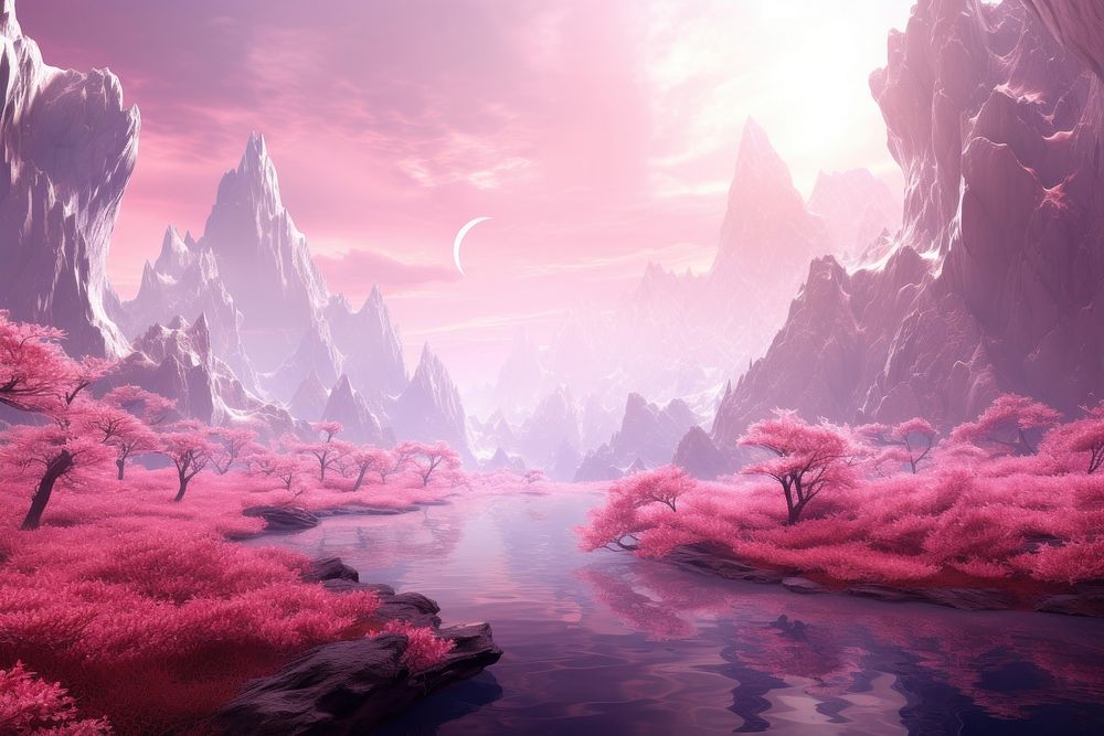 Pink mountains landscape panoramic outdoors. AI generated Image by rawpixel.