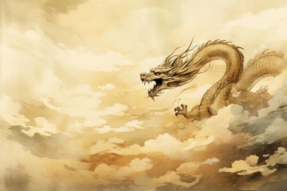 Chinese dradon flying in golden sky.  by rawpixel.