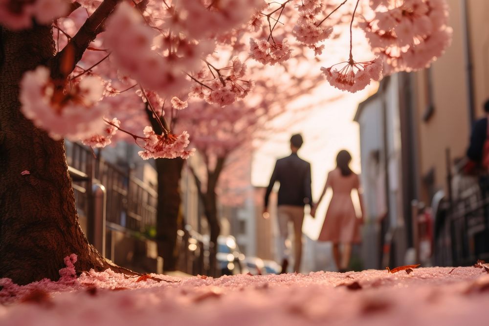 Sakura blossom street outdoors walking. 