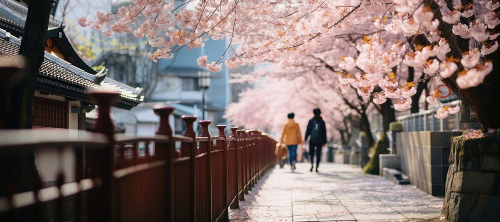 Sakura blossom street outdoors walking. 