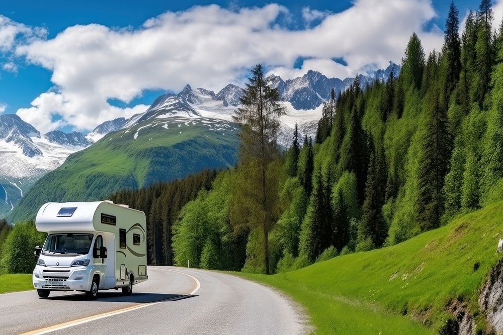 Motorhome camper van RV road trip. AI generated Image by rawpixel. 