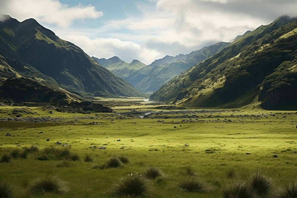 Green mountains meadow landscape grassland outdoors. AI generated Image by rawpixel.