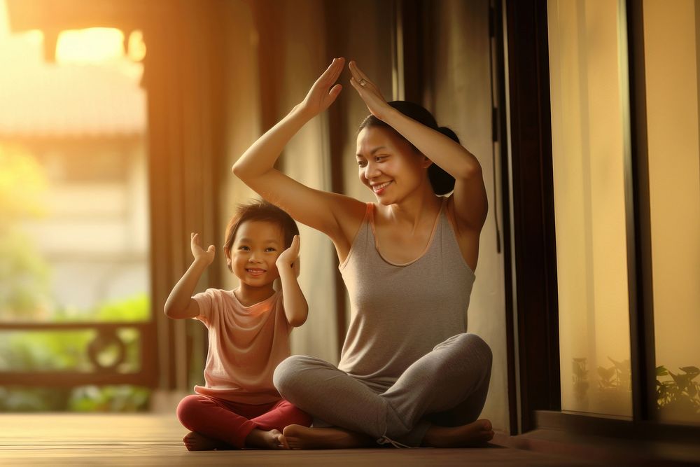 Photo of asia girl do yoga pose with her mom. AI generated Image by rawpixel. 