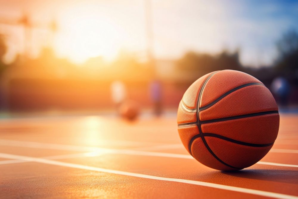 photo of Close-up of basketball on floor Field with Blurry Stadium in Background. 