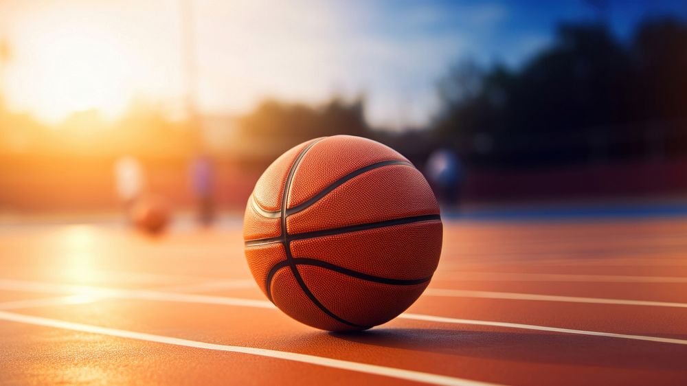 photo of Close-up of basketball on floor Field with Blurry Stadium in Background. 