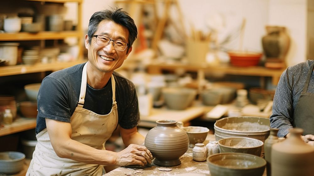 Photo of a thin middle age asian man wearingglasses, casual clothes and apron making pottery. 