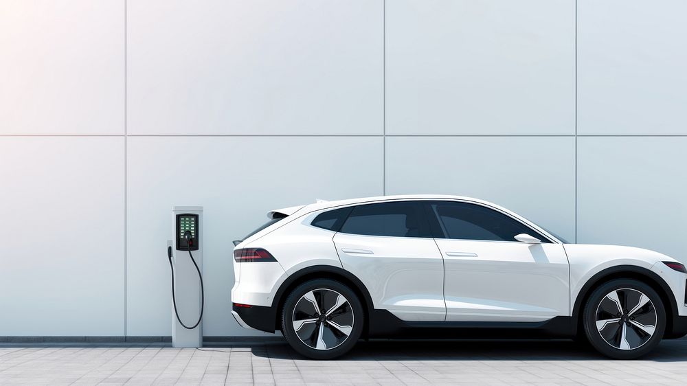 Photo of a white of SUV car at ev charging. 