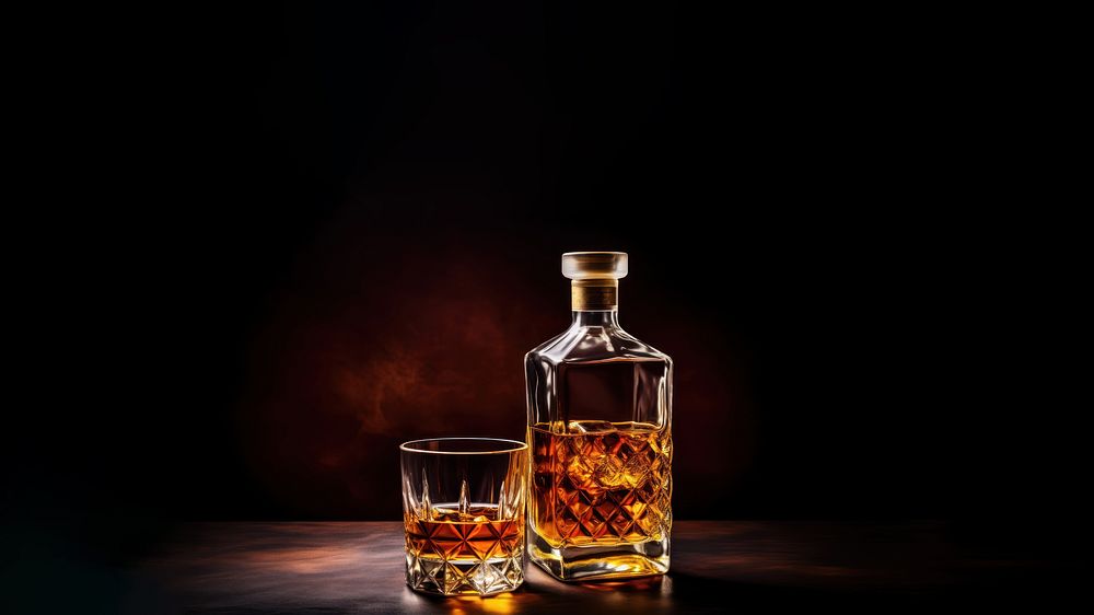 Photo of a whiskey glass and whiskey bottle. 