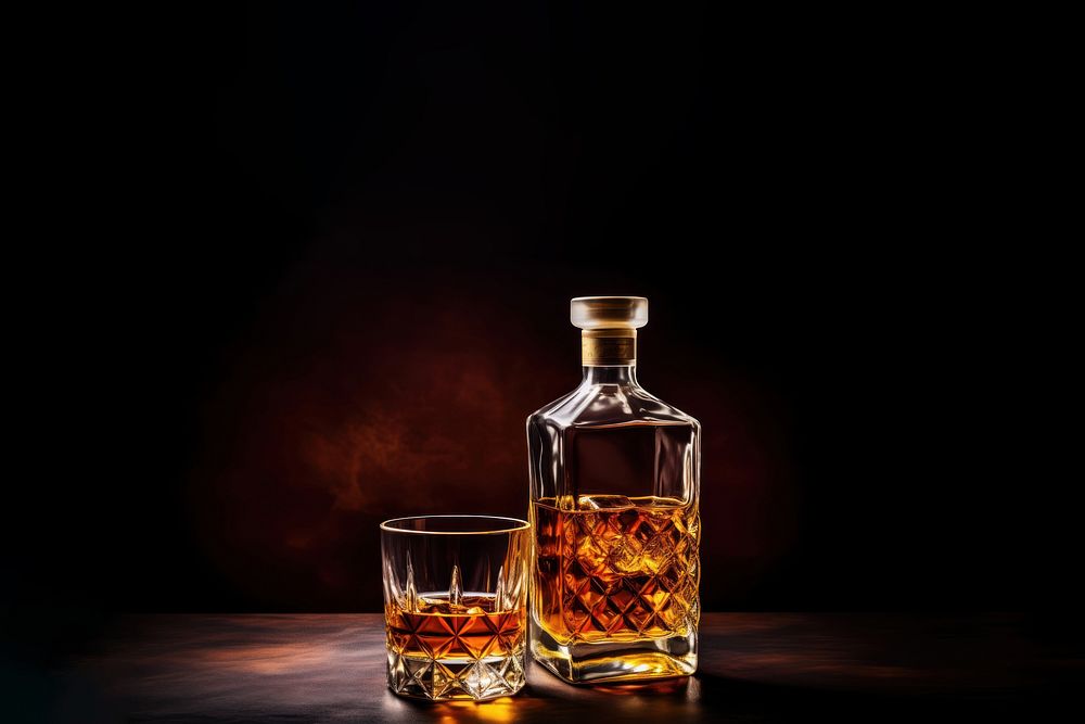 Photo of a whiskey glass and whiskey bottle. 