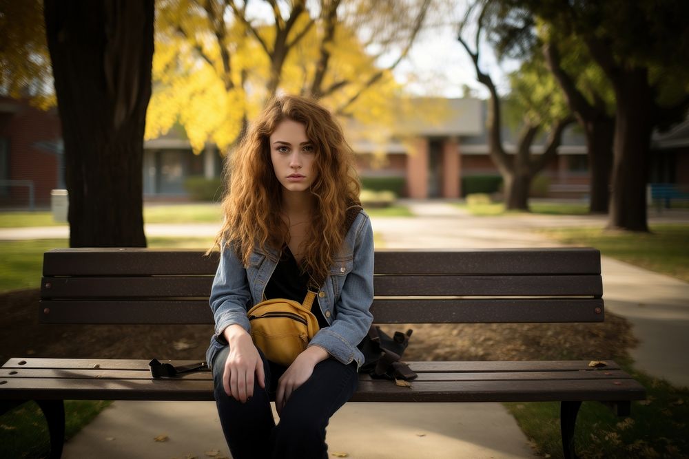 American female student sitting bench park. AI generated Image by rawpixel.