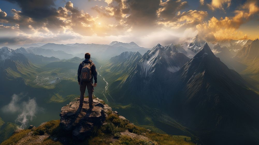 Photo of a backpacker on the top of the mountain.  