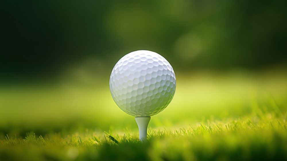 photo of a close up the golf ball on tee pegs ready to play, light green, natural light. 