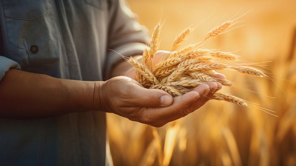 photo of a dusty farmer hand holding rice grain plant, agriculture background, copy space.
