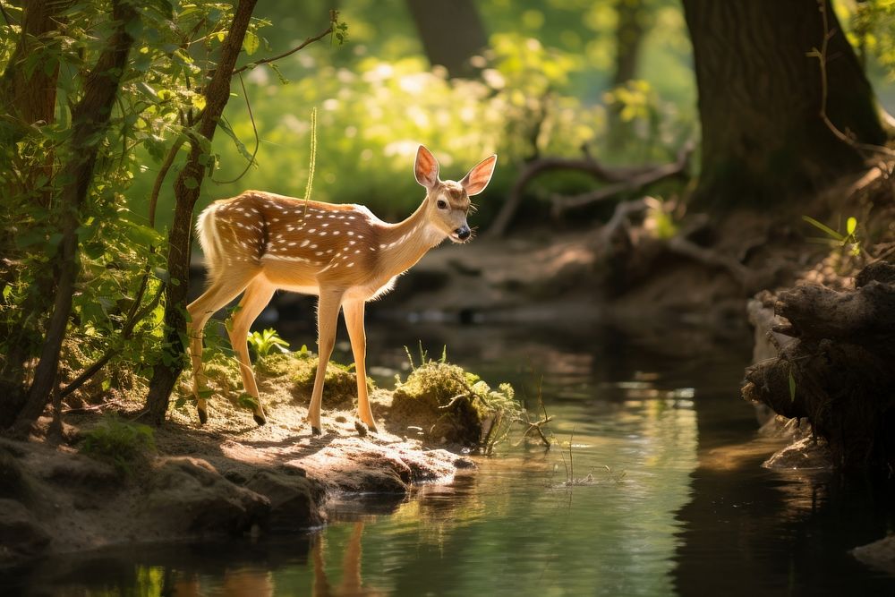 Fawn drinks water wildlife outdoors woodland. AI generated Image by rawpixel.