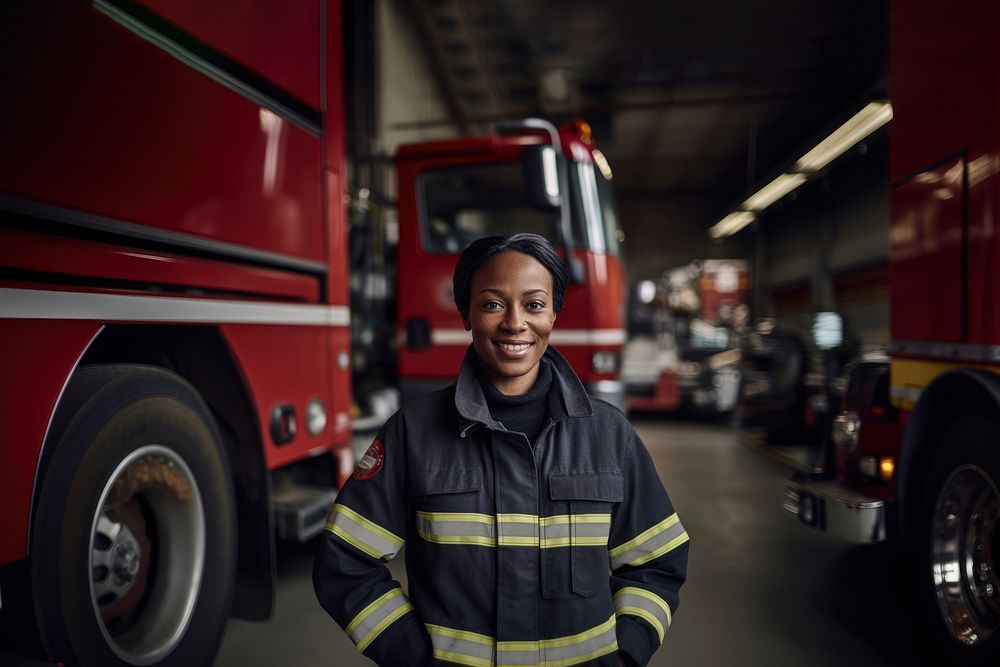 Photo of a female firefighter standing next to a foggy fire station. AI generated Image by rawpixel.