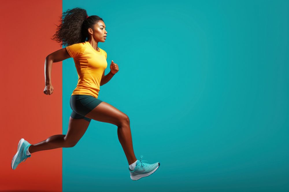 Sporty half-african woman runner running jogging jumping. AI generated Image by rawpixel.