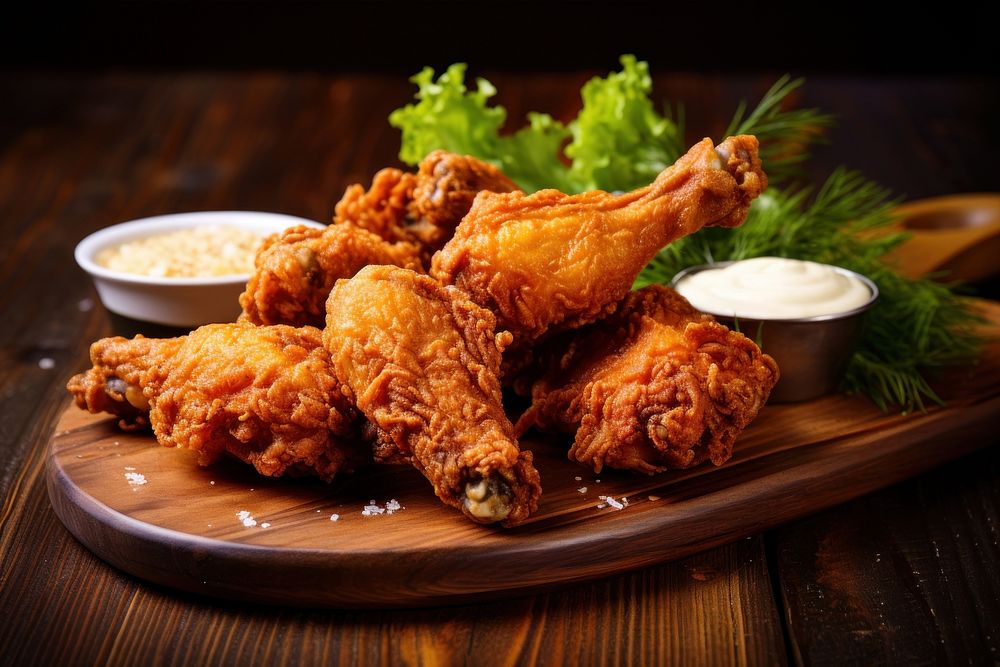 Fried chicken wings table food meat. 