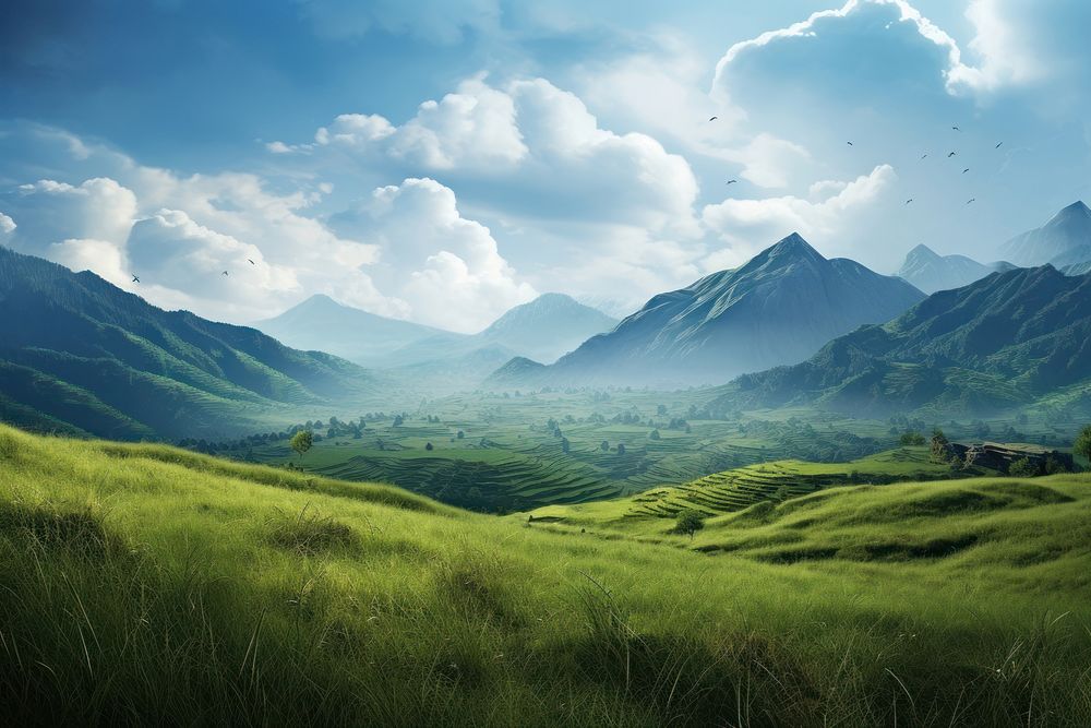 Grass hill landscape grassland panoramic. AI generated Image by rawpixel.