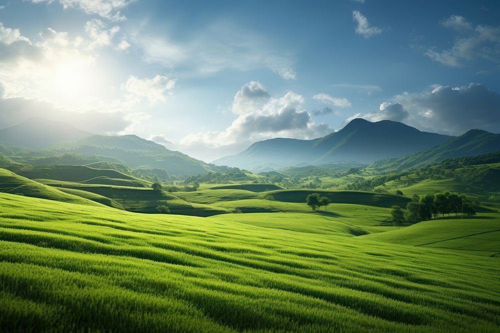 Green field landscape grassland panoramic. AI generated Image by rawpixel.