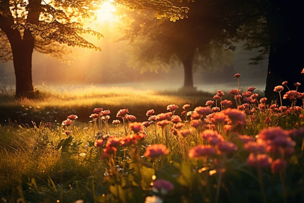 Empty flowers meadow landscape sunlight outdoors. AI generated Image by rawpixel.