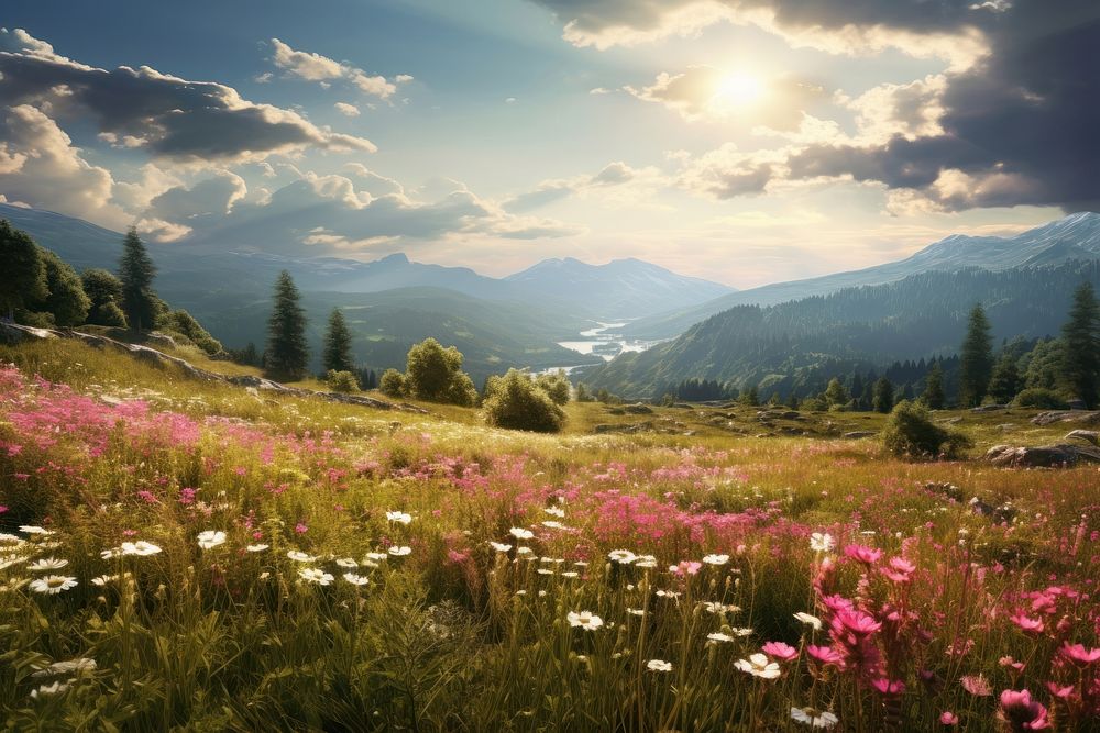 Flowers meadow sun wilderness landscape. AI generated Image by rawpixel.