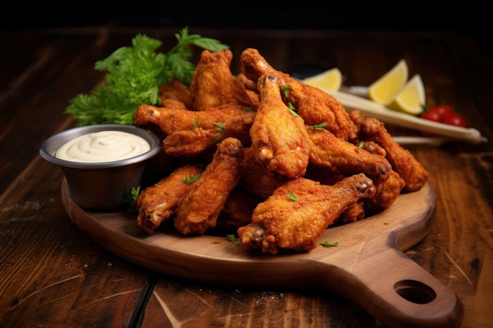 Fried chicken wings table food wood. 