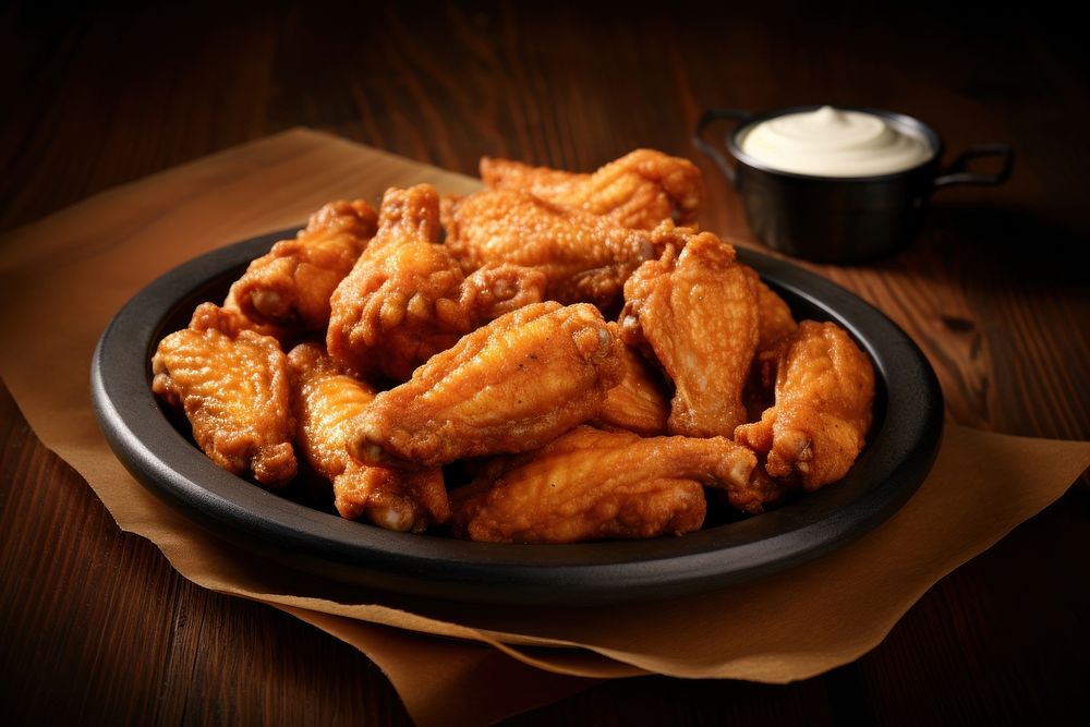 Fried chicken wings plate table food. 