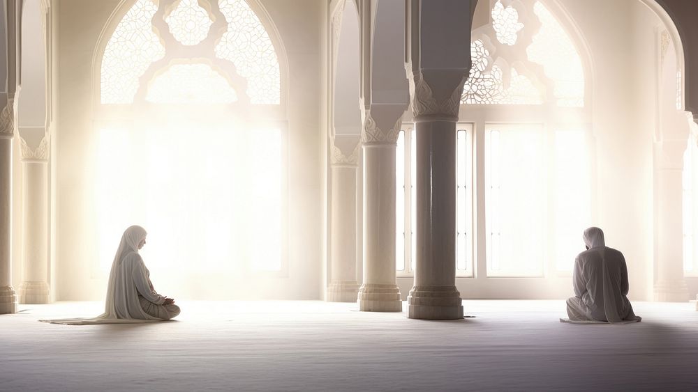 photo of muslim prayers are praying in mosque. 