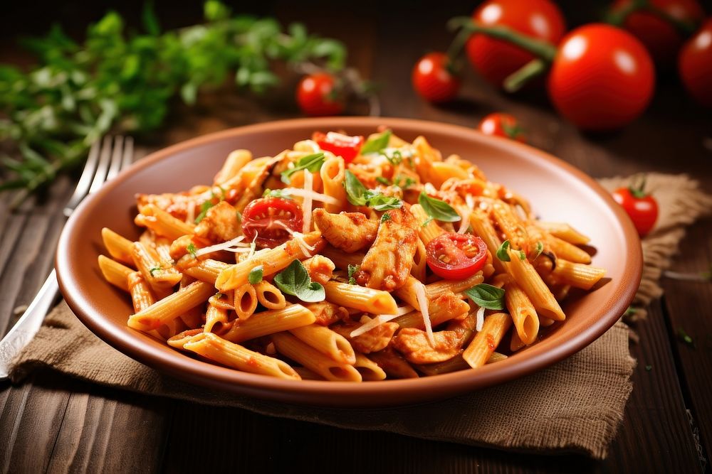 Pasta tomato penne table. AI generated Image by rawpixel.