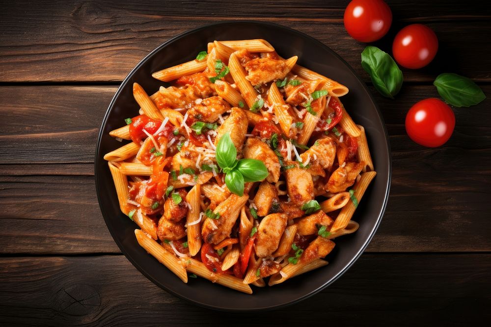 Pasta tomato penne table. 