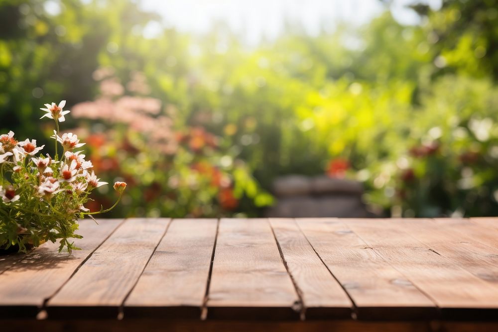 Wood table architecture outdoors flower. AI generated Image by rawpixel.