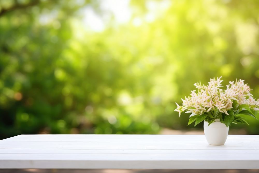 White table furniture blossom flower. 