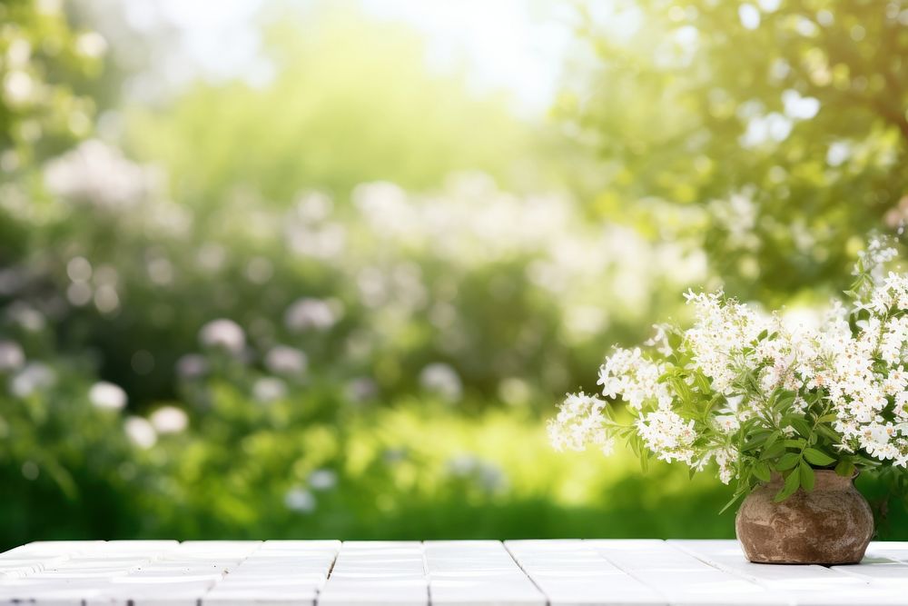 White table outdoors blossom flower. AI generated Image by rawpixel.