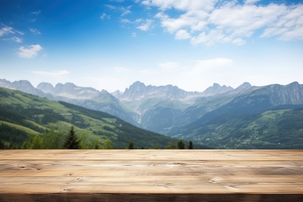 Wooden table mountain wood sky. 