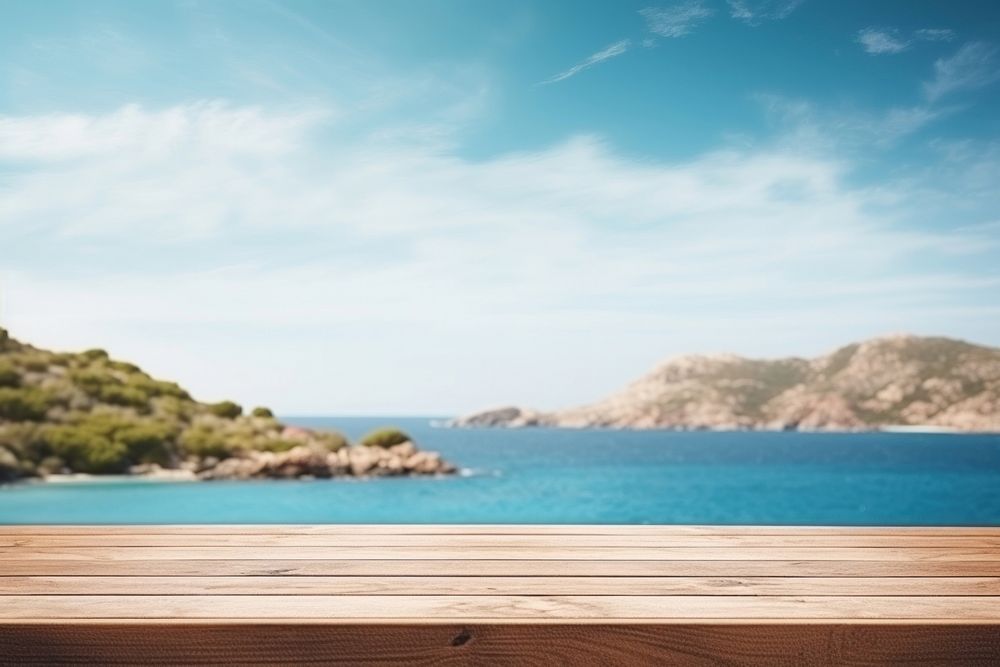 Wooden table land sky sea. 