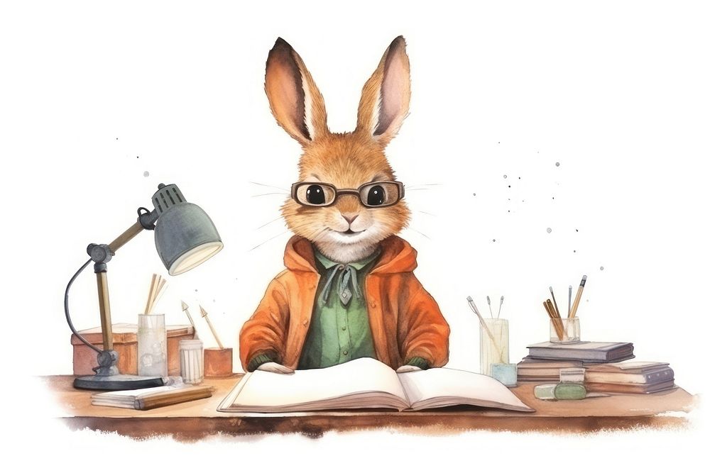Rabbit studying book publication glasses. AI generated Image by rawpixel.